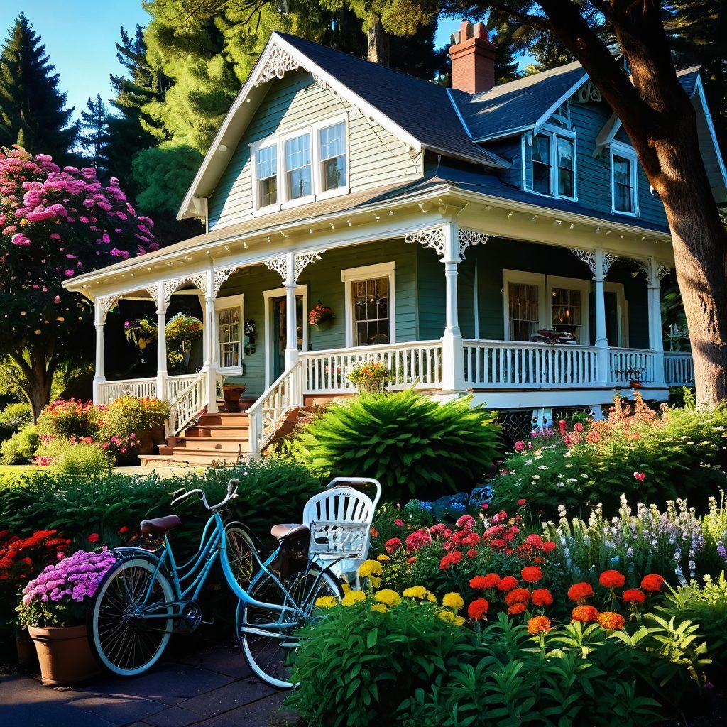 A picturesque view of Crocker Lodge B&B nestled amidst towering evergreen trees, with a charming Victorian architecture featuring wrap-around verandas. The foreground showcases a serene garden filled with blooming flowers and a cozy sitting area. Soft sunlight filters through the trees, creating a warm, inviting atmosphere. Include a hint of nostalgia with vintage suitcases and a bicycle leaned against the porch. painting. vibrant colors. atmospheric.